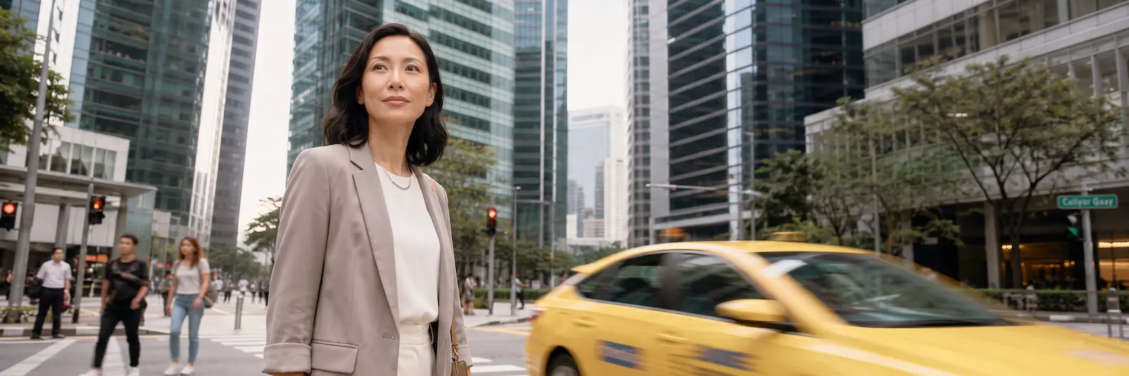 Business professional in Singapore’s Collyer Quay financial district with city traffic and office towers.