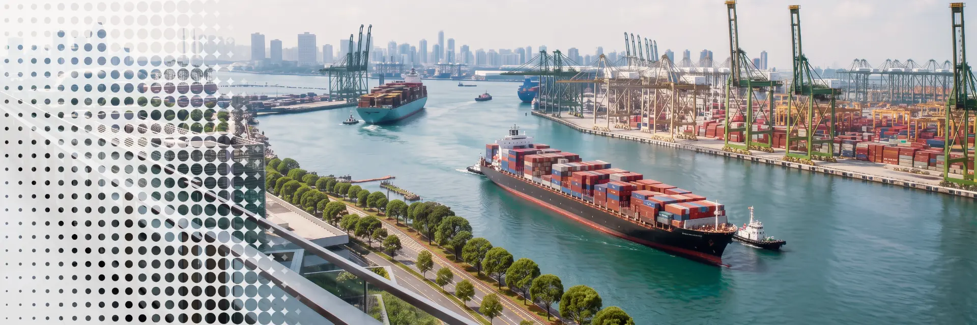 Container ships and port infrastructure at Singapore’s maritime trade gateway.