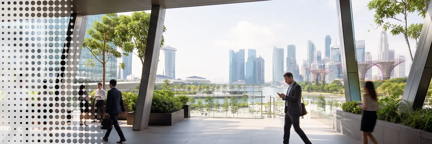 Singapore’s Marina Bay skyline with Gardens by the Bay and the downtown business district.