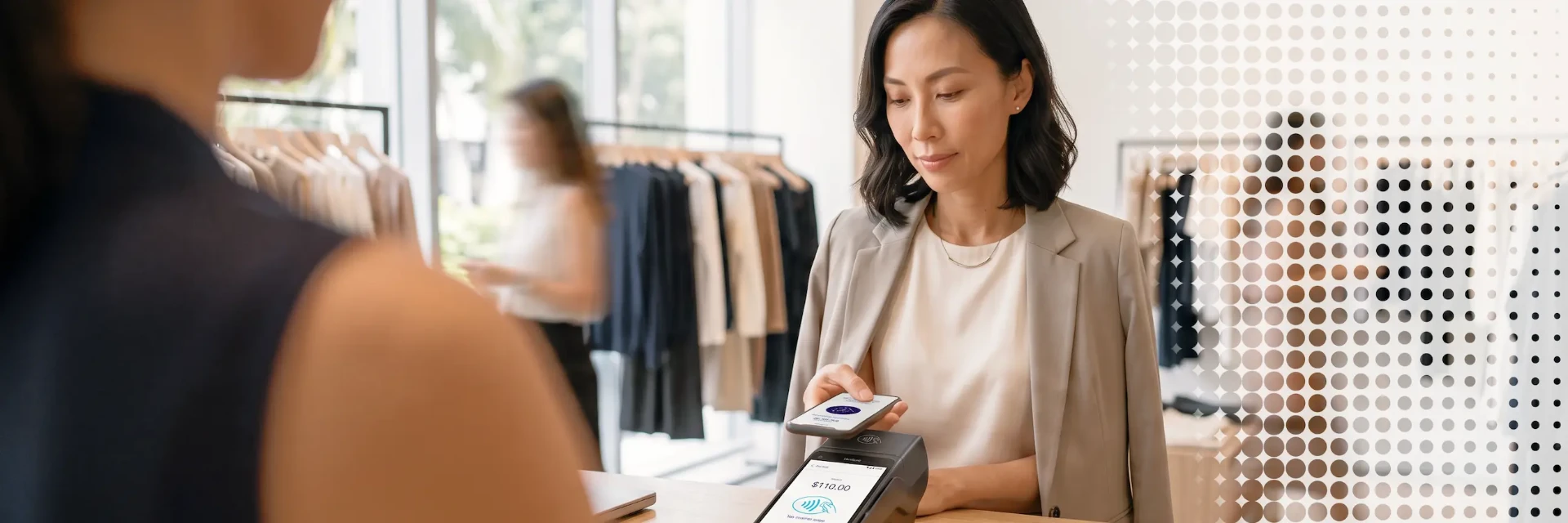 Customer making a contactless smartphone payment at a retail checkout in Singapore.