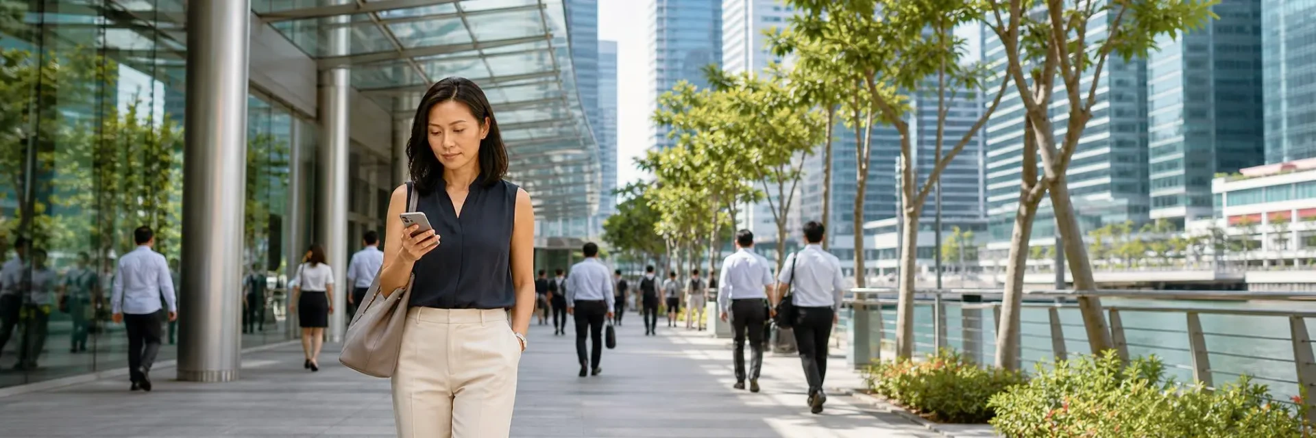 Business professional using a smartphone in Singapore's downtown financial district