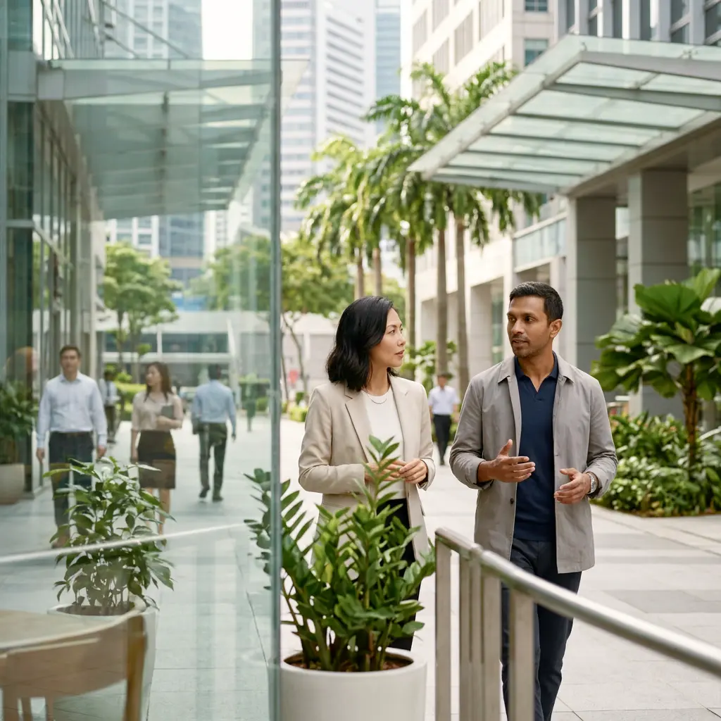 Two business professionals in conversation in Singapore’s financial district.