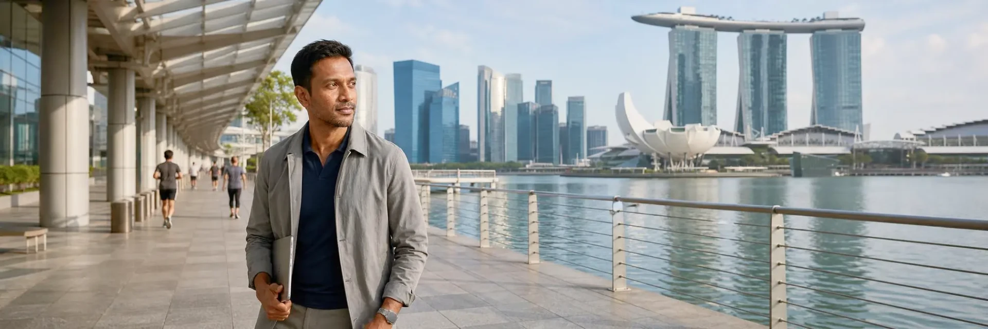 Business professional walking along Singapore’s Marina Bay waterfront with the city skyline in the background.