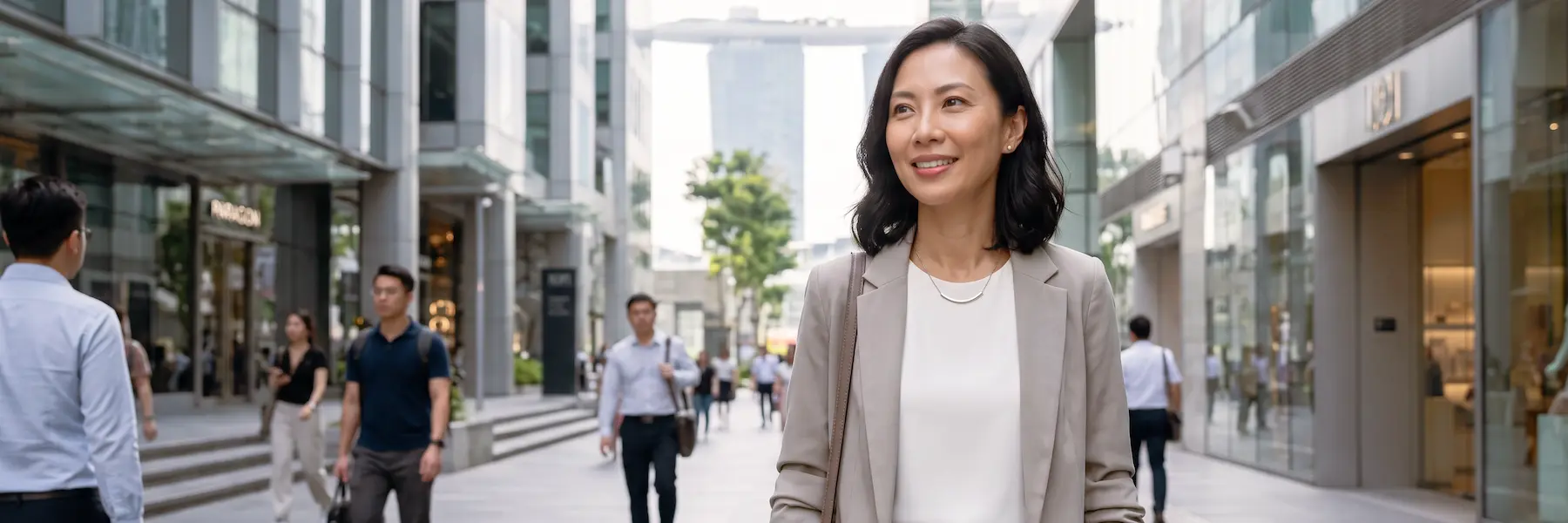 Business professional walking through Singapore’s Orchard Road commercial district.