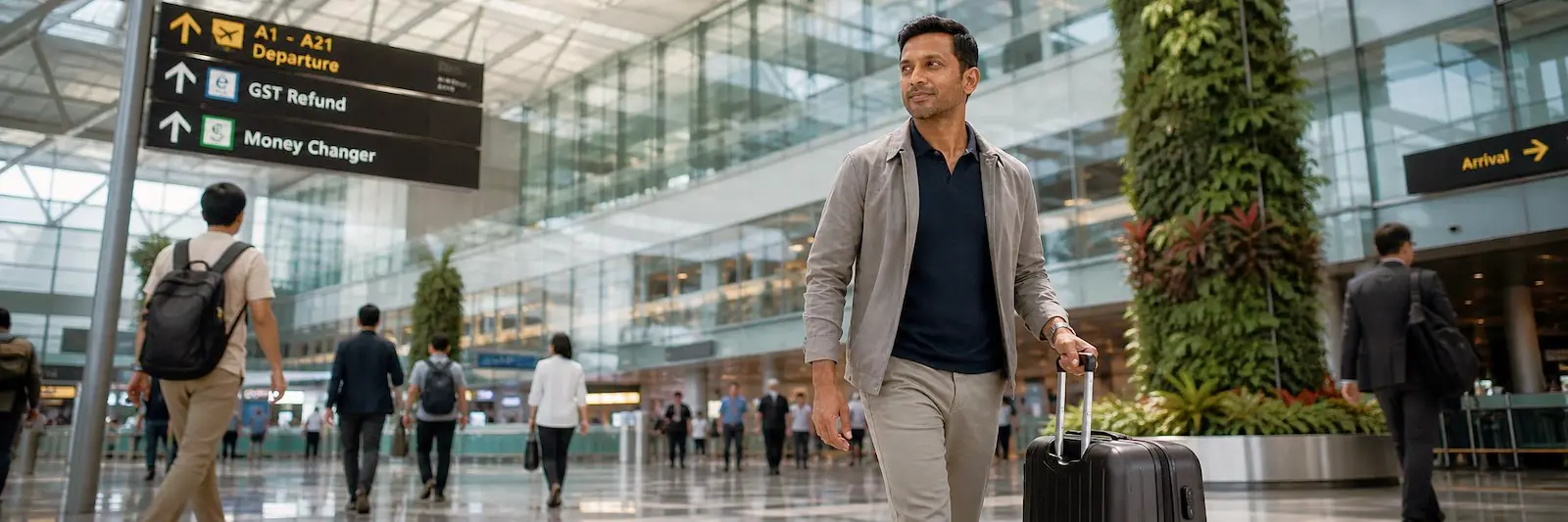 Business traveller walking through Singapore Changi Airport with a carry-on suitcase